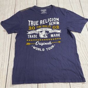 True Religion Navy Short Sleeve Logo Tee with White and Gold Print